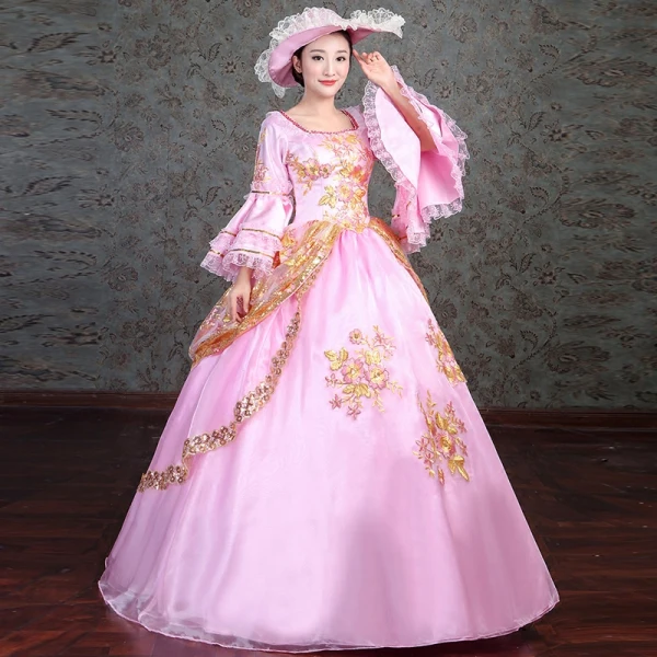 Vintage / Retro Medieval Blushing Pink Ball Gown Prom Dresses 2021 Square Neckline Long Sleeve Floor-Length / Long 3D Lace Appliques Embroidered Flower Lace Satin Cosplay Prom Formal Dresses