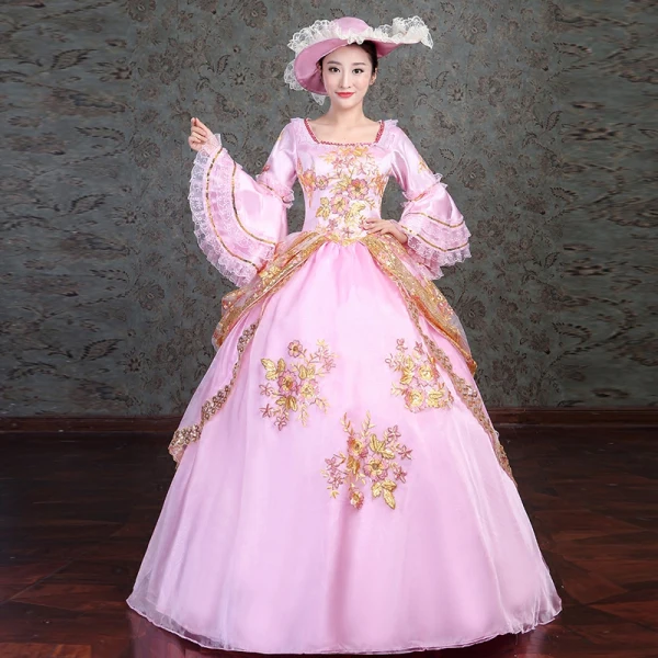 Vintage / Retro Medieval Blushing Pink Ball Gown Prom Dresses 2021 Square Neckline Long Sleeve Floor-Length / Long 3D Lace Appliques Embroidered Flower Lace Satin Cosplay Prom Formal Dresses