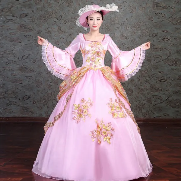 Vintage / Retro Medieval Blushing Pink Ball Gown Prom Dresses 2021 Square Neckline Long Sleeve Floor-Length / Long 3D Lace Appliques Embroidered Flower Lace Satin Cosplay Prom Formal Dresses