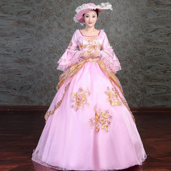 Vintage / Retro Medieval Blushing Pink Ball Gown Prom Dresses 2021 Square Neckline Long Sleeve Floor-Length / Long 3D Lace Appliques Embroidered Flower Lace Satin Cosplay Prom Formal Dresses