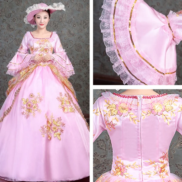 Vintage / Retro Medieval Blushing Pink Ball Gown Prom Dresses 2021 Square Neckline Long Sleeve Floor-Length / Long 3D Lace Appliques Embroidered Flower Lace Satin Cosplay Prom Formal Dresses