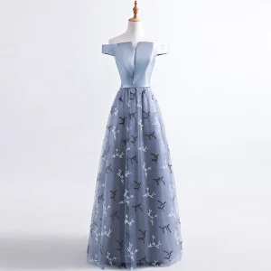 Chic Belle Robe De Soirée 2017 Gris Princesse Longue De L Épaule Manches Courtes Dos Nu Paillettes Appliques Fleur Ceinture Robe De Ceremonie