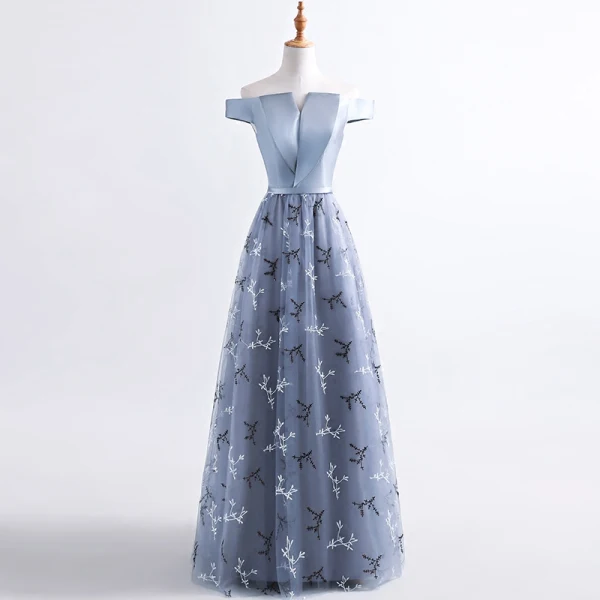 Chic / Belle Robe De Soirée 2017 Gris Princesse Longue De l'épaule Manches Courtes Dos Nu Paillettes Appliques Fleur Ceinture Robe De Ceremonie
