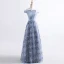 Chic / Belle Robe De Soirée 2017 Gris Princesse Longue De l'épaule Manches Courtes Dos Nu Paillettes Appliques Fleur Ceinture Robe De Ceremonie