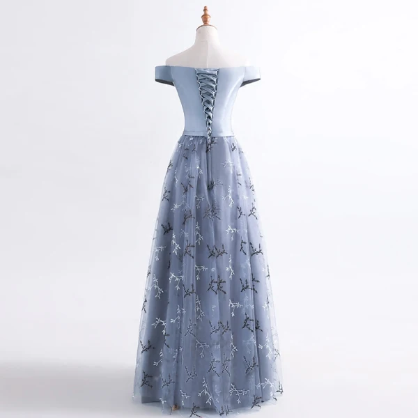 Chic / Belle Robe De Soirée 2017 Gris Princesse Longue De l'épaule Manches Courtes Dos Nu Paillettes Appliques Fleur Ceinture Robe De Ceremonie