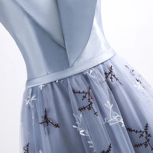Chic / Belle Robe De Soirée 2017 Gris Princesse Longue De l'épaule Manches Courtes Dos Nu Paillettes Appliques Fleur Ceinture Robe De Ceremonie