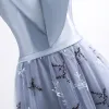 Chic / Beautiful Evening Dresses  2017 Grey A-Line / Princess Floor-Length / Long Off-The-Shoulder Short Sleeve Backless Sequins Appliques Flower Sash Formal Dresses