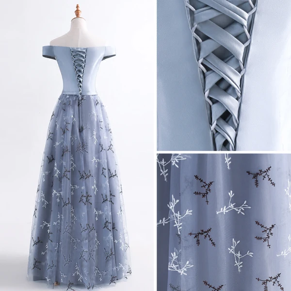 Chic / Belle Robe De Soirée 2017 Gris Princesse Longue De l'épaule Manches Courtes Dos Nu Paillettes Appliques Fleur Ceinture Robe De Ceremonie