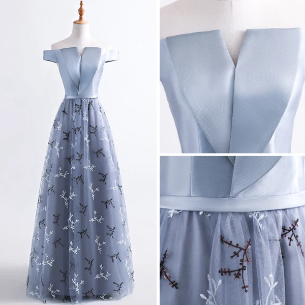 Chic / Belle Robe De Soirée 2017 Gris Princesse Longue De l'épaule Manches Courtes Dos Nu Paillettes Appliques Fleur Ceinture Robe De Ceremonie
