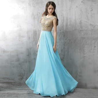 Chic Beautiful Evening Dresses 2017 Pool Blue A Line Princess Floor Length Long Scoop Neck Sleeveless Backless Glitter Rhinestone Formal Dresses
