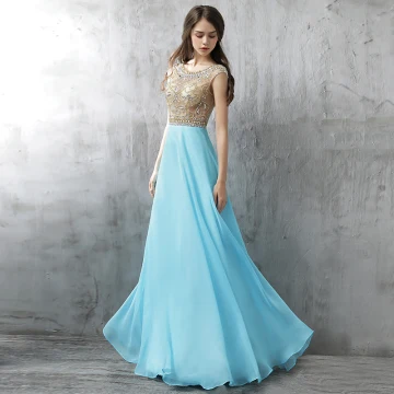 Chic Beautiful Evening Dresses 2017 Pool Blue A Line Princess Floor Length Long Scoop Neck Sleeveless Backless Glitter Rhinestone Formal Dresses