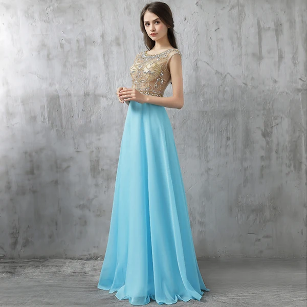 Chic / Beautiful Evening Dresses 2017 Pool Blue A-Line / Princess Floor-Length / Long Scoop Neck Sleeveless Backless Glitter Rhinestone Formal Dresses