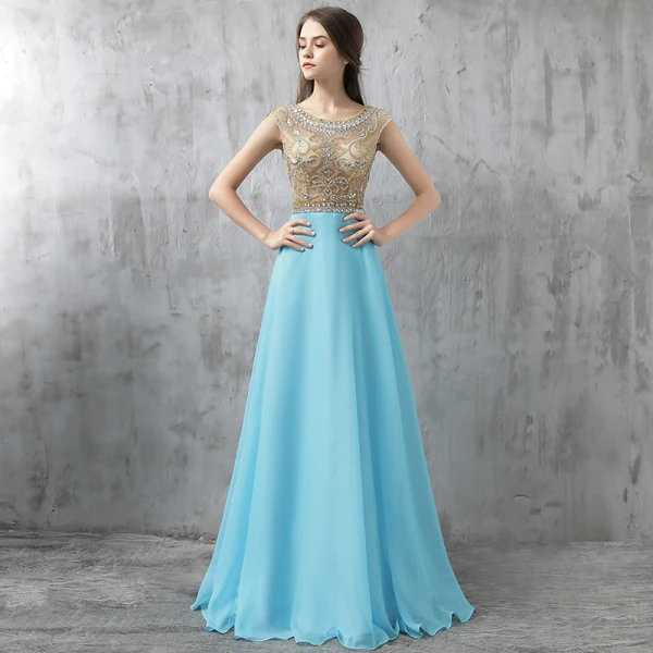 Chic / Beautiful Evening Dresses 2017 Pool Blue A-Line / Princess Floor-Length / Long Scoop Neck Sleeveless Backless Glitter Rhinestone Formal Dresses