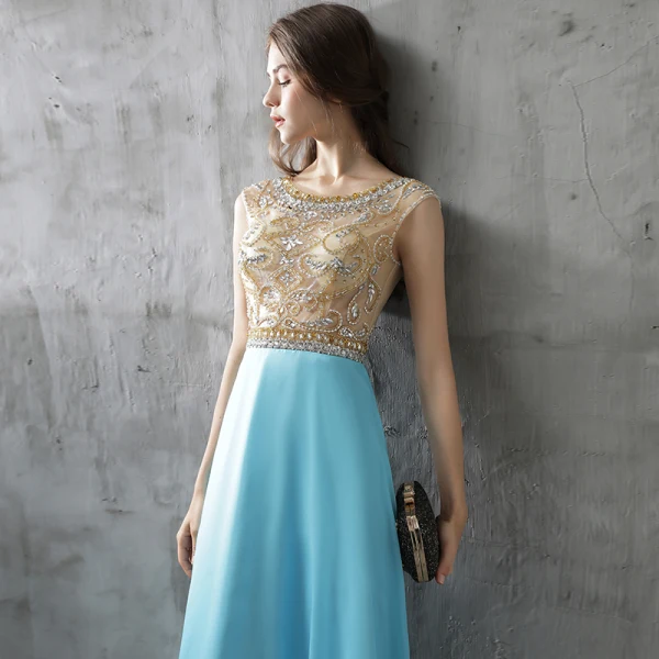 Chic / Beautiful Evening Dresses 2017 Pool Blue A-Line / Princess Floor-Length / Long Scoop Neck Sleeveless Backless Glitter Rhinestone Formal Dresses