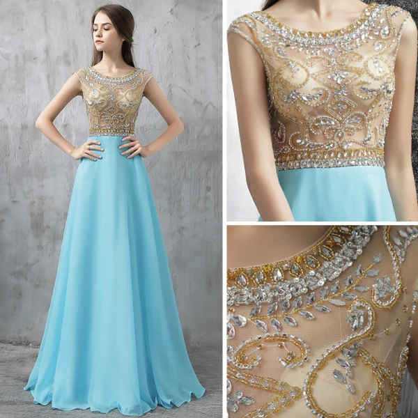 Chic / Beautiful Evening Dresses 2017 Pool Blue A-Line / Princess Floor-Length / Long Scoop Neck Sleeveless Backless Glitter Rhinestone Formal Dresses