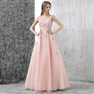 Chic Belle Robe De Soirée 2017 Rose Bonbon Princesse Longue Encolure Dégagée Sans Manches Dos Nu Appliques Fleur Percé Robe De Ceremonie