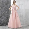 Chic / Beautiful Evening Dresses  2017 Candy Pink A-Line / Princess Floor-Length / Long Scoop Neck Sleeveless Backless Appliques Flower Pierced Formal Dresses