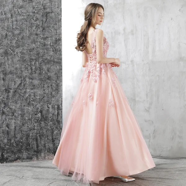 Chic / Beautiful Evening Dresses 2017 Candy Pink A-Line / Princess Floor-Length / Long Scoop Neck Sleeveless Backless Appliques Flower Pierced Formal Dresses