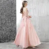 Chic / Beautiful Evening Dresses  2017 Candy Pink A-Line / Princess Floor-Length / Long Scoop Neck Sleeveless Backless Appliques Flower Pierced Formal Dresses