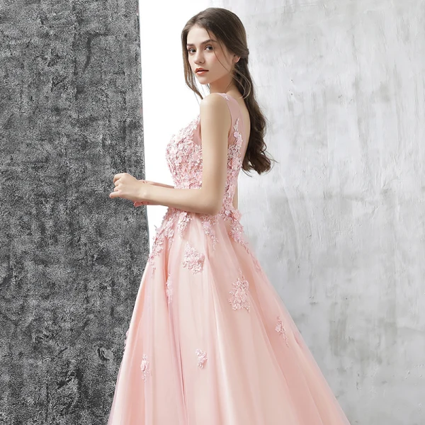 Chic / Beautiful Evening Dresses 2017 Candy Pink A-Line / Princess Floor-Length / Long Scoop Neck Sleeveless Backless Appliques Flower Pierced Formal Dresses