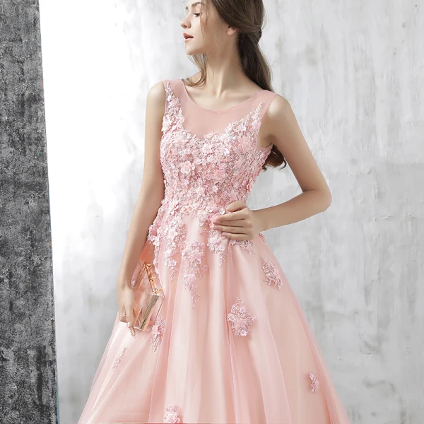 Chic / Beautiful Evening Dresses 2017 Candy Pink A-Line / Princess Floor-Length / Long Scoop Neck Sleeveless Backless Appliques Flower Pierced Formal Dresses