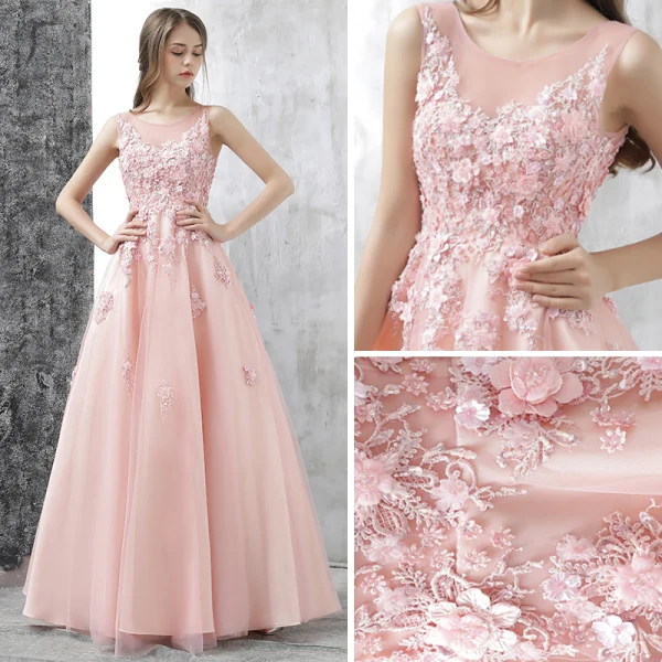 Chic / Beautiful Evening Dresses 2017 Candy Pink A-Line / Princess Floor-Length / Long Scoop Neck Sleeveless Backless Appliques Flower Pierced Formal Dresses