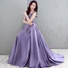 Chic / Beautiful Evening Dresses  2017 Lavender A-Line / Princess Sweep Train V-Neck Sleeveless Backless Beading Sequins Formal Dresses