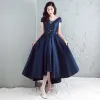 Chic / Beautiful Evening Dresses  2017 Navy Blue A-Line / Princess Asymmetrical V-Neck Sleeveless Backless Appliques Flower Pearl Rhinestone Formal Dresses