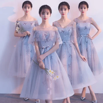 Chic Beautiful Grey Bridesmaid Dresses 2018 A Line Princess Appliques Lace Sash Tea Length Ruffle Backless Wedding Party Dresses