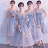 Chic / Beautiful Grey Bridesmaid Dresses 2018 A-Line / Princess Appliques Lace Sash Tea-length Ruffle Backless Wedding Party Dresses