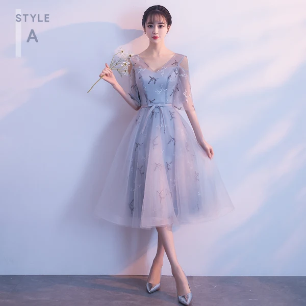 Chic / Belle Gris Robe Demoiselle D'honneur 2018 Princesse Appliques En Dentelle Ceinture Thé Longueur Volants Dos Nu Robe Pour Mariage