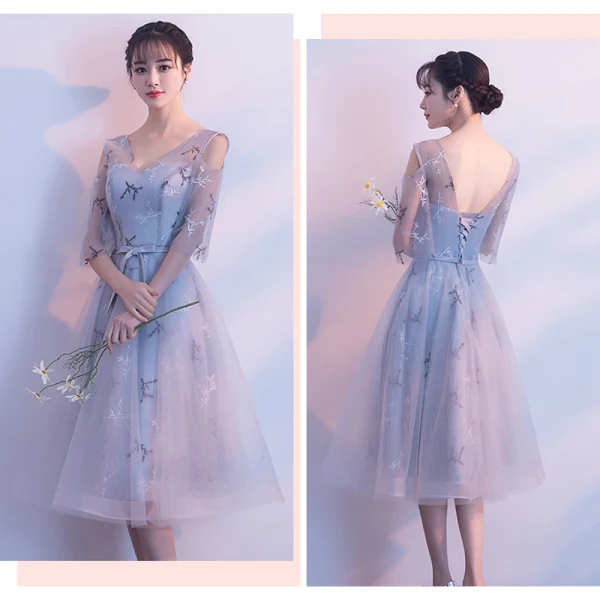 Chic / Belle Gris Robe Demoiselle D'honneur 2018 Princesse Appliques En Dentelle Ceinture Thé Longueur Volants Dos Nu Robe Pour Mariage
