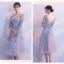 Chic / Belle Gris Robe Demoiselle D'honneur 2018 Princesse Appliques En Dentelle Ceinture Thé Longueur Volants Dos Nu Robe Pour Mariage