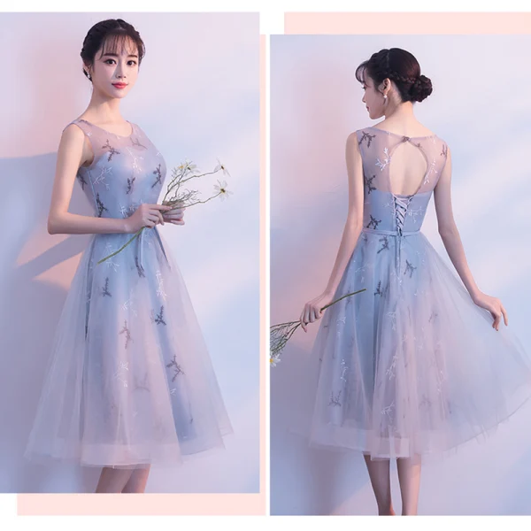 Chic / Belle Gris Robe Demoiselle D'honneur 2018 Princesse Appliques En Dentelle Ceinture Thé Longueur Volants Dos Nu Robe Pour Mariage