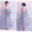 Chic / Belle Gris Robe Demoiselle D'honneur 2018 Princesse Appliques En Dentelle Ceinture Thé Longueur Volants Dos Nu Robe Pour Mariage