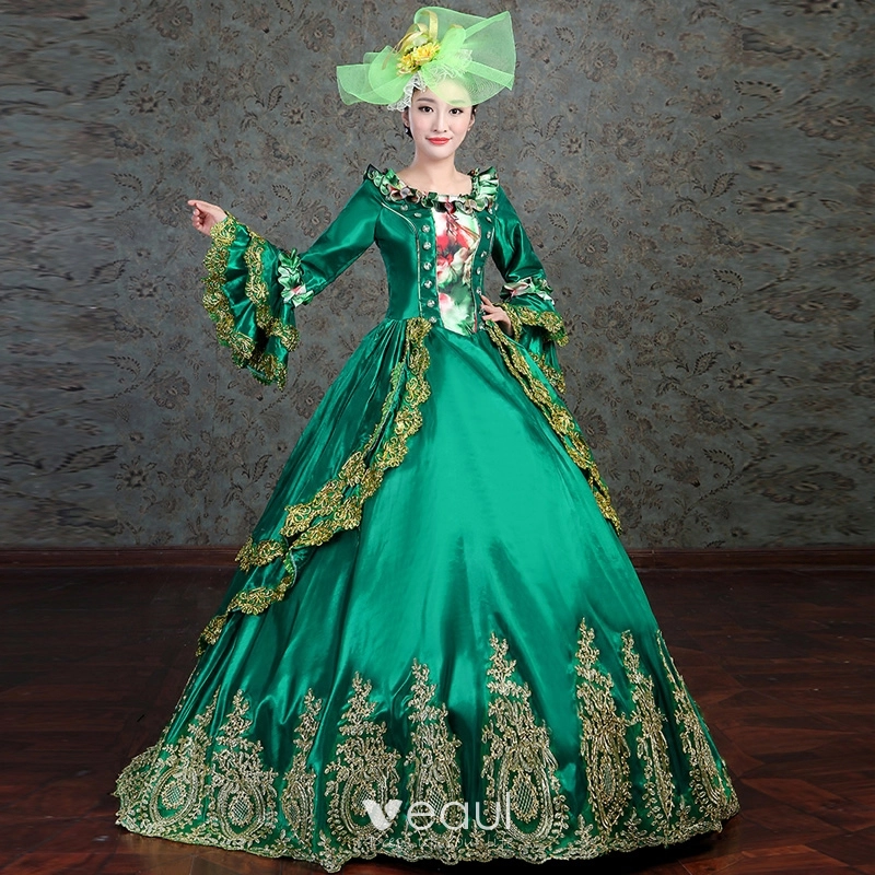 Vintage / Retro Medieval Dark Green Ball Gown Prom Dresses 2021 Long Sleeve Square Neckline 3D Lace Embroidered Handmade Floor-Length / Long Cosplay Prom Formal Dresses Vintage / Retro Medieval Dark Green Ball Gown Prom Dresses 2021 Long Sleeve Square Neckline 3D Lace Embroidered Handmade Floor-Length / Long Cosplay Prom Formal Dresses