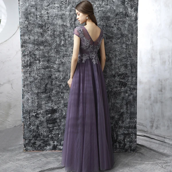 Chic / Beautiful Grape Evening Dresses  2017 A-Line / Princess Floor-Length / Long Scoop Neck Short Sleeve Backless Appliques Flower Rhinestone Beading Pierced Formal Dresses