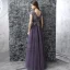 Chic / Beautiful Grape Evening Dresses  2017 A-Line / Princess Floor-Length / Long Scoop Neck Short Sleeve Backless Appliques Flower Rhinestone Beading Pierced Formal Dresses