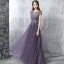 Chic / Beautiful Grape Evening Dresses  2017 A-Line / Princess Floor-Length / Long Scoop Neck Short Sleeve Backless Appliques Flower Rhinestone Beading Pierced Formal Dresses
