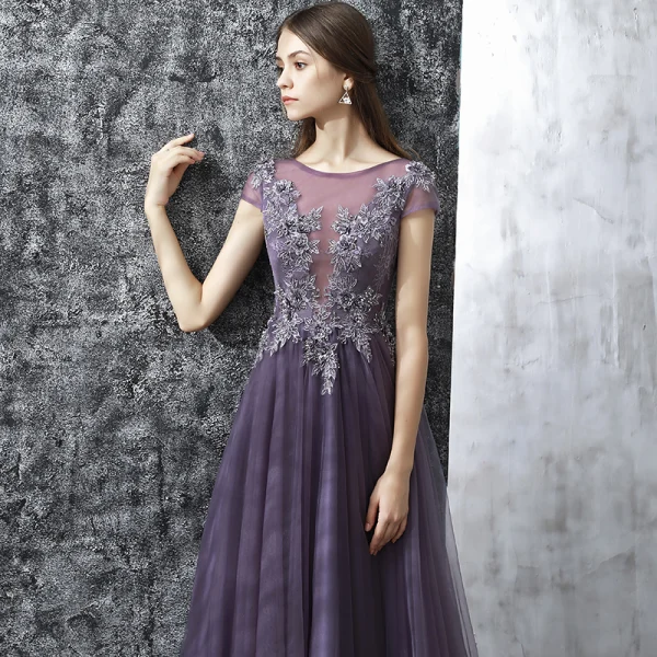 Chic / Beautiful Grape Evening Dresses  2017 A-Line / Princess Floor-Length / Long Scoop Neck Short Sleeve Backless Appliques Flower Rhinestone Beading Pierced Formal Dresses