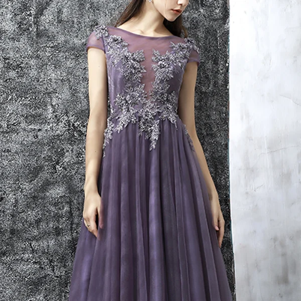 Chic / Beautiful Grape Evening Dresses  2017 A-Line / Princess Floor-Length / Long Scoop Neck Short Sleeve Backless Appliques Flower Rhinestone Beading Pierced Formal Dresses