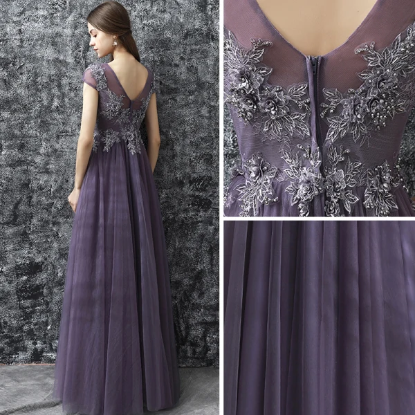 Chic / Beautiful Grape Evening Dresses  2017 A-Line / Princess Floor-Length / Long Scoop Neck Short Sleeve Backless Appliques Flower Rhinestone Beading Pierced Formal Dresses