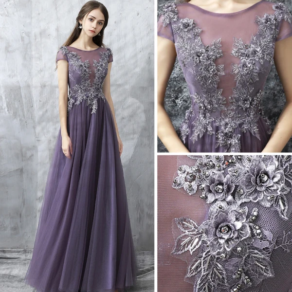 Chic / Beautiful Grape Evening Dresses  2017 A-Line / Princess Floor-Length / Long Scoop Neck Short Sleeve Backless Appliques Flower Rhinestone Beading Pierced Formal Dresses
