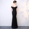 Chic / Beautiful Black Evening Dresses  2017 Trumpet / Mermaid Floor-Length / Long Off-The-Shoulder Short Sleeve Backless Split Front Formal Dresses