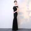 Chic / Beautiful Black Evening Dresses  2017 Trumpet / Mermaid Floor-Length / Long Off-The-Shoulder Short Sleeve Backless Split Front Formal Dresses