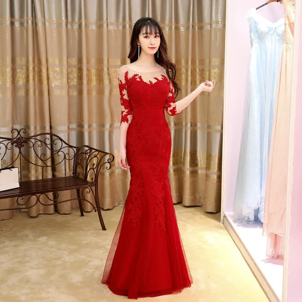 Modern / Fashion Burgundy Evening Dresses 2017 Trumpet / Mermaid Floor-Length / Long Scoop Neck 3/4 Sleeve Backless Lace Appliques Pierced Formal Dresses
