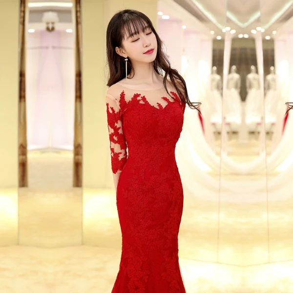 Modern / Fashion Burgundy Evening Dresses 2017 Trumpet / Mermaid Floor-Length / Long Scoop Neck 3/4 Sleeve Backless Lace Appliques Pierced Formal Dresses