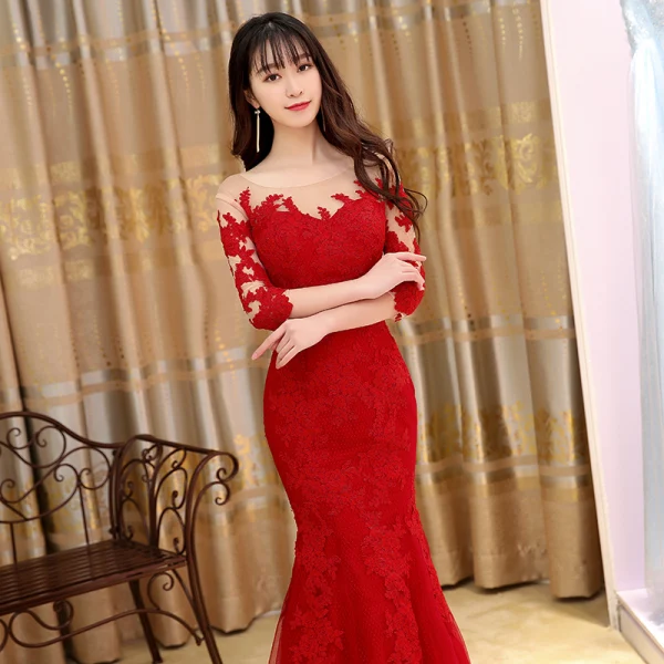 Modern / Fashion Burgundy Evening Dresses 2017 Trumpet / Mermaid Floor-Length / Long Scoop Neck 3/4 Sleeve Backless Lace Appliques Pierced Formal Dresses