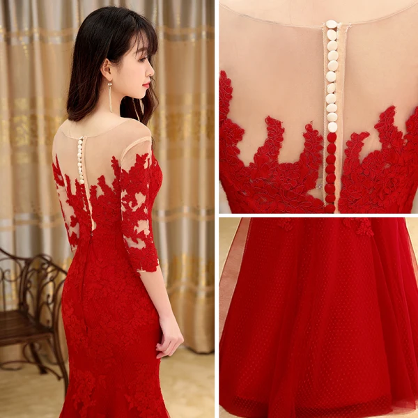 Modern / Fashion Burgundy Evening Dresses 2017 Trumpet / Mermaid Floor-Length / Long Scoop Neck 3/4 Sleeve Backless Lace Appliques Pierced Formal Dresses
