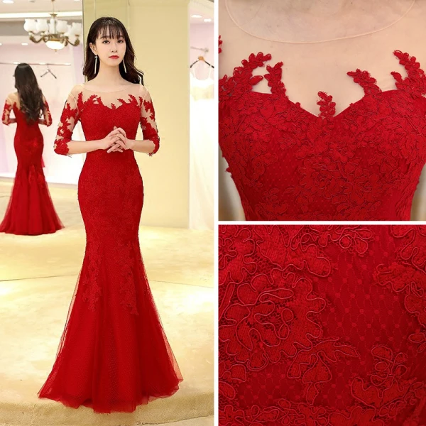 Modern / Fashion Burgundy Evening Dresses 2017 Trumpet / Mermaid Floor-Length / Long Scoop Neck 3/4 Sleeve Backless Lace Appliques Pierced Formal Dresses